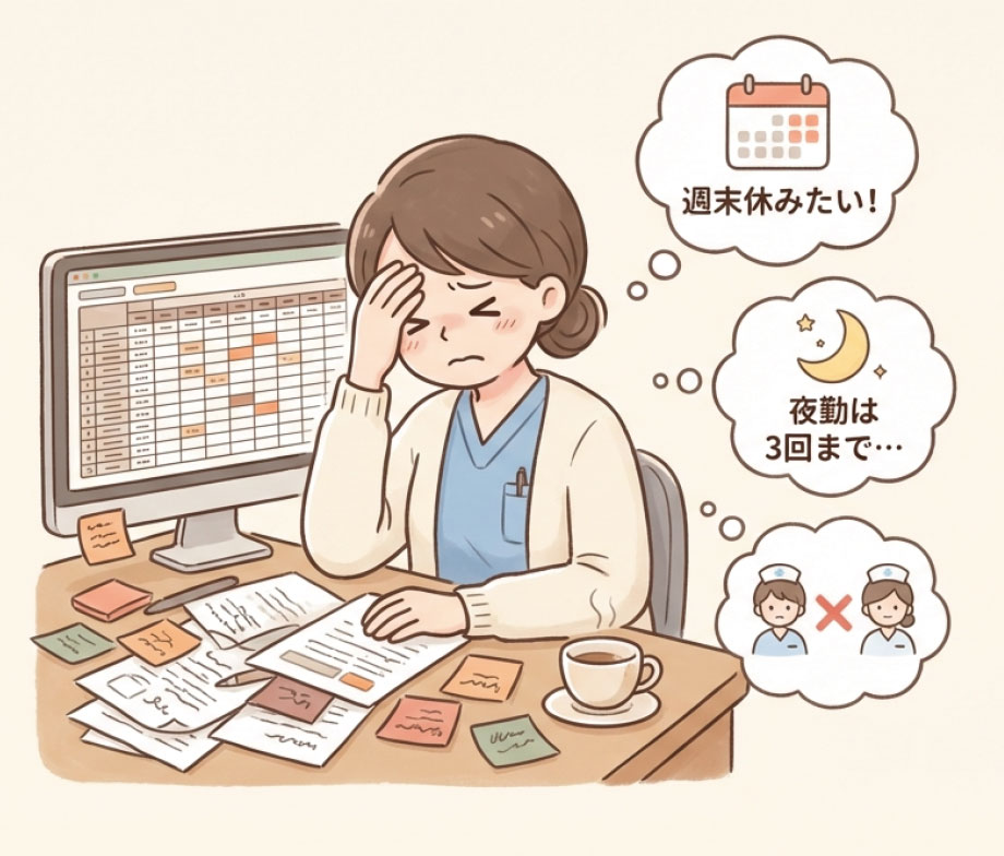 勤務表作成に悩む看護師長（週末休みたい、夜勤回数の調整など）